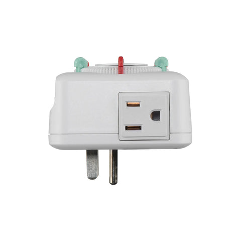 Heavy Duty Indoor Mechanical Appliance Timer With Dual Receptacles Boasts 15 Amp Rating Plus Set It And Forget It Programming For Lamps And Small Household Items - top view with dials and dual sockets.