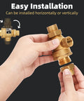 Front view of brass 1/2-inch backflow preventer with dual check valves and atmospheric vent, female union inlet/outlet