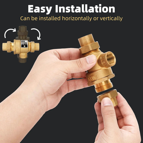 Front view of brass 1/2-inch backflow preventer with dual check valves and atmospheric vent, female union inlet/outlet