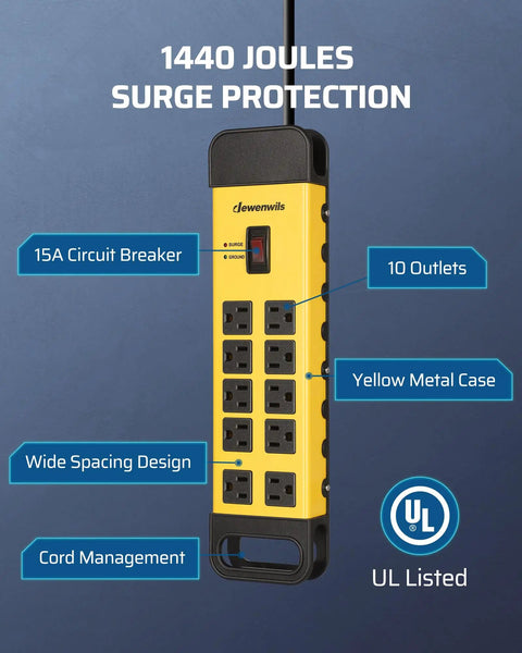 10 Outlet Power Strip With 15ft Cord And Flat Plug UL Listed Surge Protector 1440 Joules Heavy Duty Industrial Power Strip
