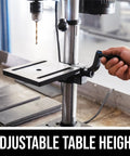 Close-up of adjustable table height on 6.2 Amp 10 Inch Benchtop Drill Press With 5 Speed Range 610 To 2800 RPM, Laser Alignment.