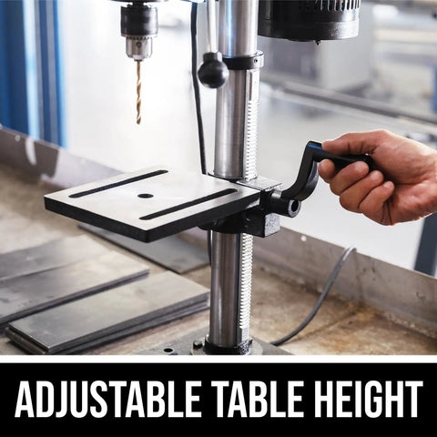 Close-up of adjustable table height on 6.2 Amp 10 Inch Benchtop Drill Press With 5 Speed Range 610 To 2800 RPM, Laser Alignment.