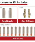 Premium Welding Knight 10 Piece Kit Features Non Stick Coated Ceramic Nozzles And Contact Tips For.035" Wire including 2 gas nozzles and 10 contact tips.