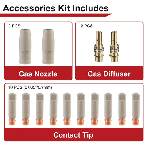 Premium Welding Knight 10 Piece Kit Features Non Stick Coated Ceramic Nozzles And Contact Tips For.035" Wire including 2 gas nozzles and 10 contact tips.