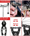 All In One Bike Repair Gear Kit For Mountain Bikes 9 Piece Set with chain breaker and bike link plier tools in use.