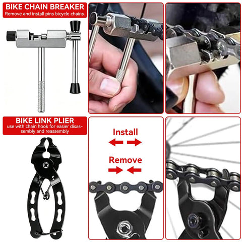 All In One Bike Repair Gear Kit For Mountain Bikes 9 Piece Set with chain breaker and bike link plier tools in use.