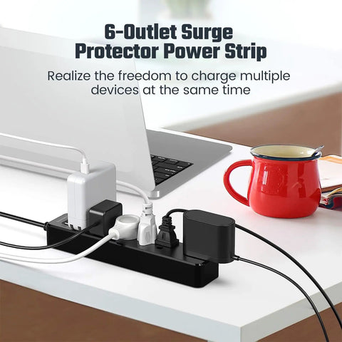 Black six-outlet surge protector power strip with 4.5 ft cord, shown on desk with devices plugged in, 900 joules of protection