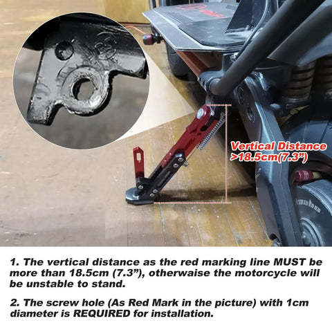 Universal Adjustable Aluminum Alloy Motorcycle Kickstand For Electric Scooters And Dirt Bikes Red Lightweight Durable Stand Built For Most Bikes With Over 7 Inches Ground Clearance Easy Install And Reliable Side Stand close-up view installed