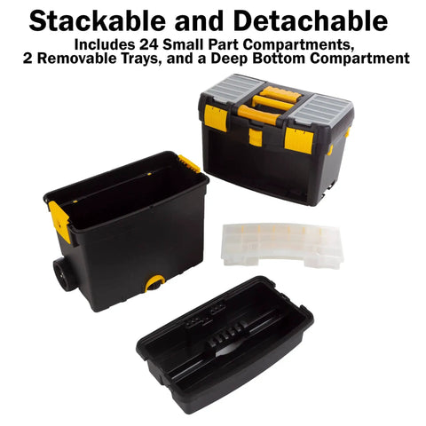 Rolling Tool Box With Wheels And Foldable Comfort Handle Removable Top And Deep Bottom Storage Stackable Organizers With 24 Compartments