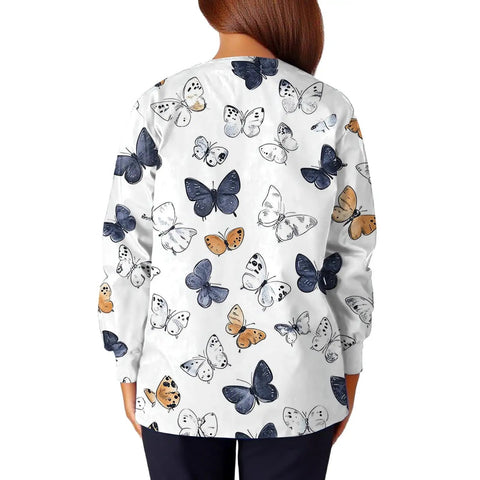 Slick Long Sleeve Women Scrub Jacket And Nurse Uniform Coat With Killer Pockets Plus Size healthcare top featuring colorful butterfly prints.