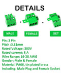 Five Pack 3 Pin 3.81mm Pitch Panel Mount Screw Terminal Block Connector Phoenix Type 8A 300V For 16-28 AWG Wires