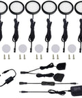 LED Under Cabinet Puck Lights Kit With Touch Dimming, 6 low profile warm white LEDs, cables, screws, UL Listed 12V Power Adapter.