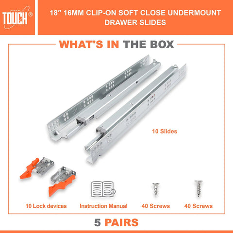 Undermount Drawer Slides With Self Soft Close, 5 Pair, 18 Inch Length, Beefy 75 Lb Capacity, Concealed Bottom Mount, manual, screws, locks