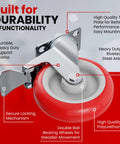 Four Pack Five Inch Red Polyurethane Swivel Caster Wheels With Kickass Integrated Locking Plate Brake For Hella Smooth Cart Rolls and sturdy steel axle close-up.