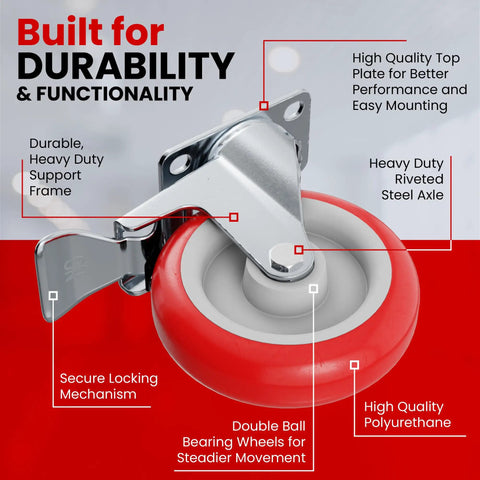 Four Pack Five Inch Red Polyurethane Swivel Caster Wheels With Kickass Integrated Locking Plate Brake For Hella Smooth Cart Rolls and sturdy steel axle close-up.