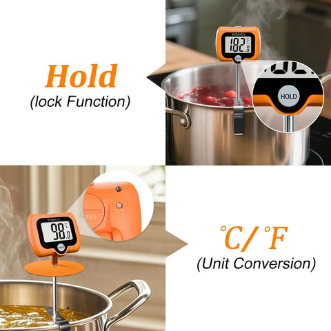 Digital Candy Thermometer With Pot Clip And Rotating Screen Deep Fry Oil Thermometer With Upgraded Silicone Insulation Cap For Accurate Frying Hands Free Readout And Easy Temperature Tracking, orange digital display with hold and °C/°F conversion