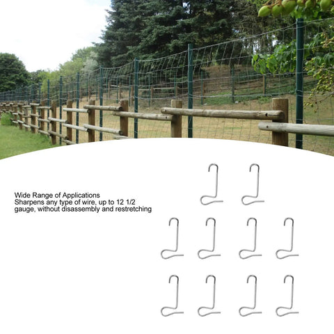 Efficient Ranch Fence Repair Tool Set, 10-Piece Steel Wire Tensirs For Durable Barbed Wire Fences visible with hooks and fence in background.