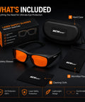 The Real Deal OD7 Plus Laser Safety Glasses With CE Certified Nano PC Lenses shielding eyes from rogue UV blue and green lasers across 190 to 540 nanometers for daily grind shops, with included hard case and cleaning cloth.