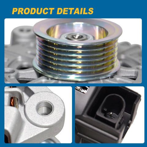 Close-up of alternator components, showcasing 6-groove pulley and mounting detail for Alternator 37300 3L060 14V 180A For 3.8L V6 Engine Fits Hyundai Palisade 2020 To 2024 And Kia Telluride 2020 To 2024 OE Replacement Beefy Durability For Steady Power Delivery
