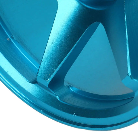 Close-up of Beefed Up CNC Machined Aluminum RC Wheel Hubs For 1X10 Scale Cars, Stability Boost, Easy Install, Rugged Blue Hubs.