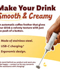 Hand holding USB Rechargeable Electric Milk Frother Handheld Wand With Dual Speed Stainless Steel Whisk