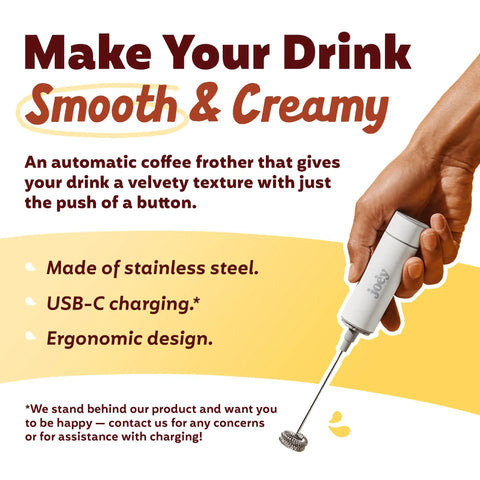 Hand holding USB Rechargeable Electric Milk Frother Handheld Wand With Dual Speed Stainless Steel Whisk
