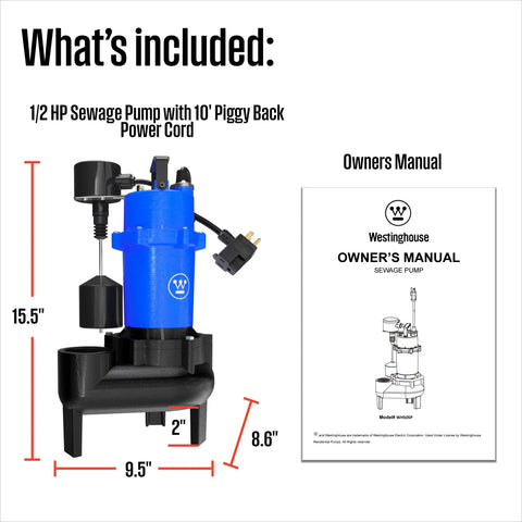 Heavy Duty Half HP Sewage Pump Be The Workhorse For Basements Submersible Ejector 6,500 GPH 2 Inch Discharge Vertical Float