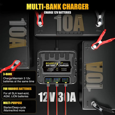 Beefy Three Bank Marine Battery Charger 12V 30A Waterproof Onboard Boat Charger Battery Maintainer And Desulfator For SLA AGM LiFePO4 Calcium And Deep Cycle Batteries