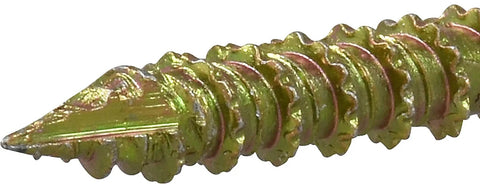 Pro Grade Multi Material Screws With A Durable Yellow Zinc Coat and Slick Wafer Head Design, showing the spiral fluted tip.