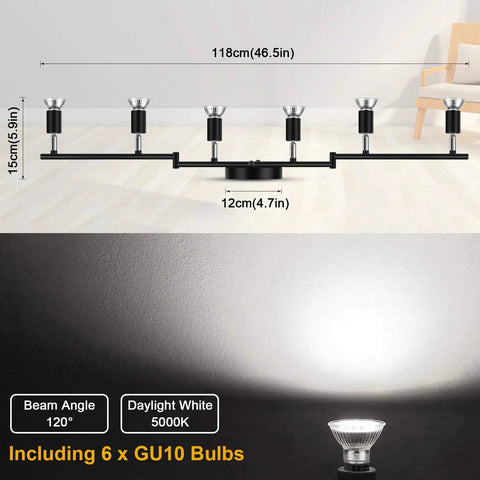 Diagram of 6 Light LED Track Lighting Kit With Flex Rotatable Heads Black Ceiling Spotlight Includes 6 GU10 LED Bulbs 4W 400LM 5000K