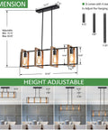 Dimensions and adjustable rods for 4 Light Farmhouse Pendant Lights for Kitchen Island Rustic Metal Rectangle Pendant Lighting Chandelier Style Cozy Vibe Over Table Dining Room Linear Lighting Brown Finish.