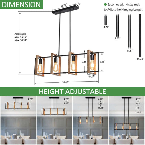 Dimensions and adjustable rods for 4 Light Farmhouse Pendant Lights for Kitchen Island Rustic Metal Rectangle Pendant Lighting Chandelier Style Cozy Vibe Over Table Dining Room Linear Lighting Brown Finish.