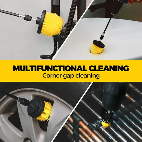 Eight Piece Drill Brush Attachment Set For Power Scrubbers, Includes Seven Brush Heads And Extendable Rod cleaning various surfaces