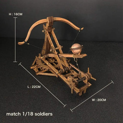 Adjustable Crossbow Siege Ancient Chariot Catapult Kit 3D Wooden Puzzle Desk Top Model, 22x20x16 cm basswood, for display