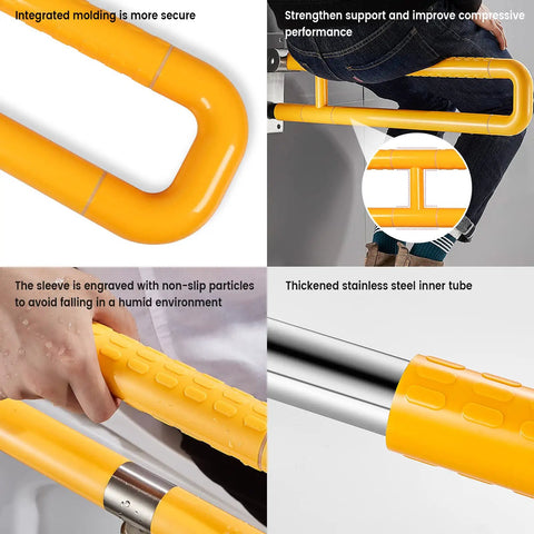 Heavy Duty Foldable Toilet Grab Bar With Flip Up Bathroom Safety Rail Non Slip shower support handle with ergonomic grip and stainless steel core.