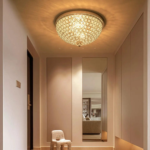 Crystal Flush Mount Ceiling Light Two Light Fixture With Chrome Finish And Sparkling Crystal Bowl Shade installed in hallway