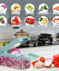 Front view of Ourokhome blue 12-in-1 vegetable chopper with basket and 8 blades