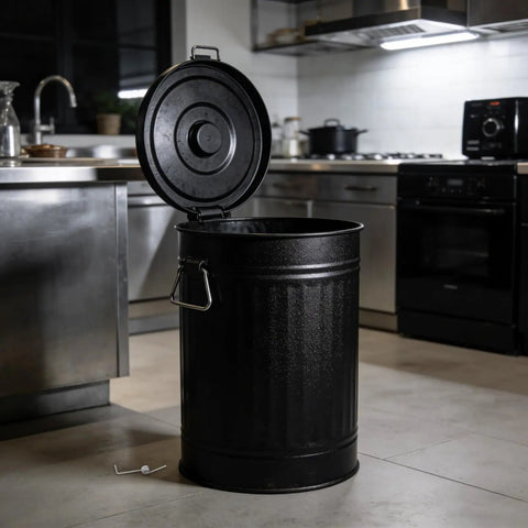 Top Toss Stainless Torsion Spring Kit With 4 Coil Design And Heavy Duty Build For Trash Can Lid Replacement Makes Your Bin Snap Back Smooth Every Single Time So It Aint Rusty Or Flimsy. Black metal trash can lid open in kitchen