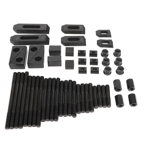 58Pcs T Slot Clamp Kit Heavy Duty Hardened Press Plate For Lathe Milling Machines With M14 Bolts, nuts, and bolts on display