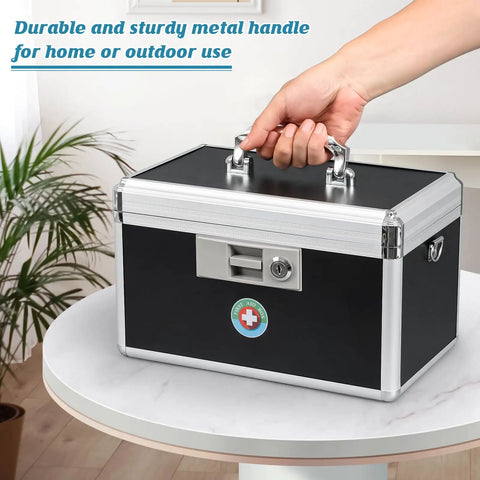 Person holding Lockable Medicine Storage Box With Key For Home And Outdoors On The Go This Durable Aluminum Safe Box Stores Meds
