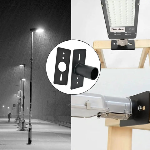 Slip Fitter Adapter For 2 3 Eighths Inch Light Fixtures Mounting Bracket Outdoor Flood Light Rainproof Weatherproof Adapter For Parking Lot Lights 10 Pack Durable Easy Install Weather Resistant image showing adapter installation and light fixture in snowy outdoor setting