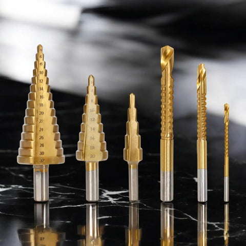 Six Piece High Speed Reaming Pagoda Sawtooth Drill Bit Set With Titanium Plating In Box For Metal And Wood on black surface
