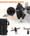 Universal Bike Cup Holder With Phone Pockets For Stroller Walker Golf Cart Rollator And Scooter Adjustable 1.5 To 2.3 Inch Handlebar Anti Slip Velcro Straps Fits Road Mountain And Electric Bikes Outdoor Black with mounting straps detail