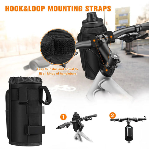 Universal Bike Cup Holder With Phone Pockets For Stroller Walker Golf Cart Rollator And Scooter Adjustable 1.5 To 2.3 Inch Handlebar Anti Slip Velcro Straps Fits Road Mountain And Electric Bikes Outdoor Black with mounting straps detail