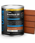 Real Deal Penetrating Decking Oil With Pro UV Blocker And Super Water Shedding Layer For Hardwood And Thermally Modified Wood Keeps Outdoor Planks Looking Crisp In Bangkirai Transparent Tone in a can next to wood samples.