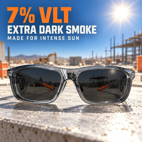 Top Shelf Polarized Safety Sunglasses With Category 4 Extra Dark Smoke Lenses on a construction site with intense sun.