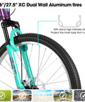 26 Inch Mountain Bike For Women With 18 Speed Gears Front Suspension Aluminum Frame Adult Ladies Bicycle Purple For Trail Riding And Everyday City Commuting showcasing front wheel and suspension fork close-up.