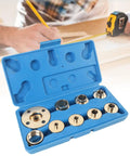 Heavy Duty Brass Router Bushing Set With Template Guide Rings For Woodworking Shops Featuring Quick Install Design and Exact Sizing, 11 piece kit in blue case.