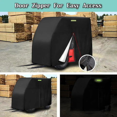 Tough as Nails Forklift Cover 210D Oxford Fabric Universal Fit Up To 8000 lbs with Zip showing easy access feature