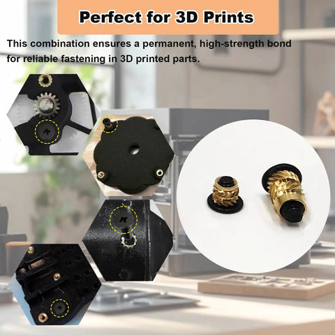 Collage showing Heavy Duty Pro Grade Threaded Insert And Bolt Kit for 3D printing projects with brass inserts and black bolts